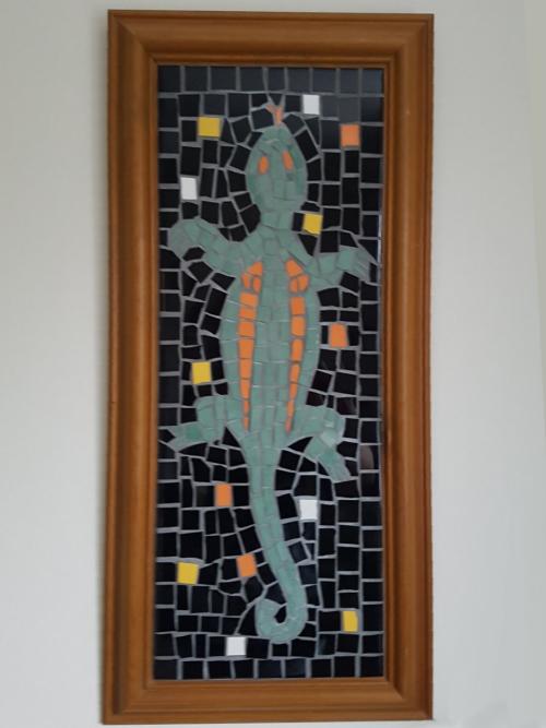 Lizard mosaic in wooden frame