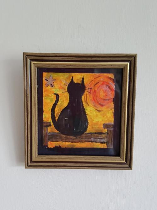 Black cat miniature in gouache