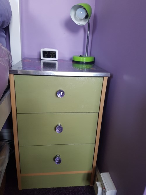 Repainted bedside table with new handles and wallpapered top